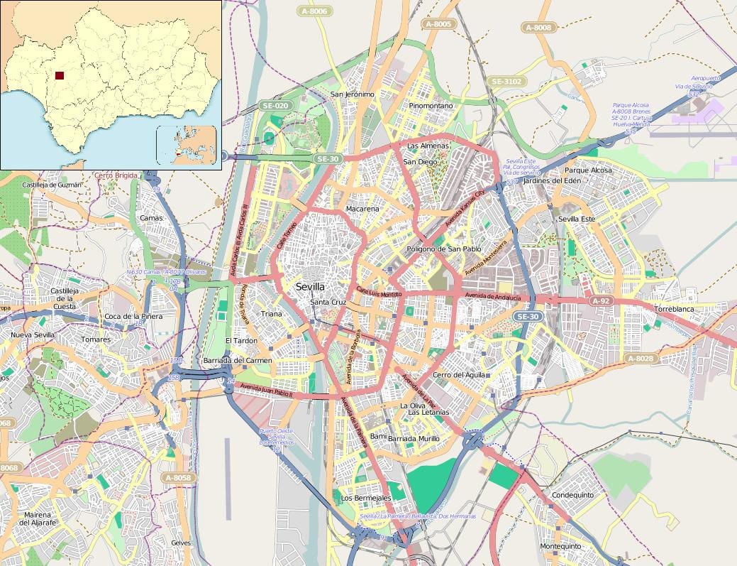 карта Севиља Шпанија насеља